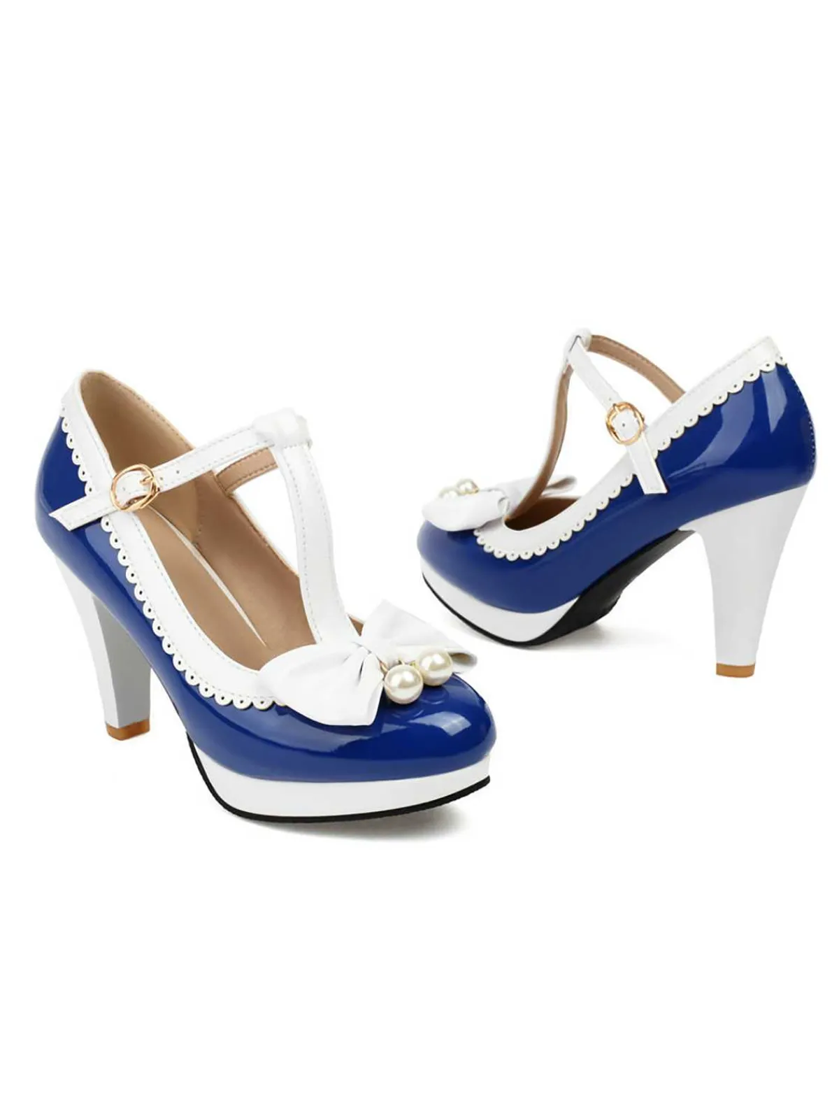 Online Retro Stage Retro Bow Pearl T-Strap Contrast High Heels Shoes