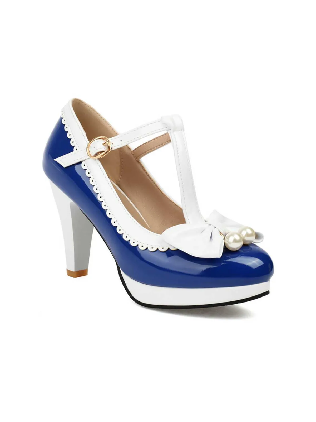 Online Retro Stage Retro Bow Pearl T-Strap Contrast High Heels Shoes
