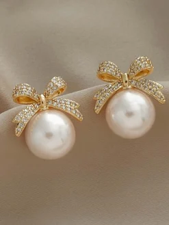 Outlet Retro Stage Retro Bow Rhinestone Pearl Earrings