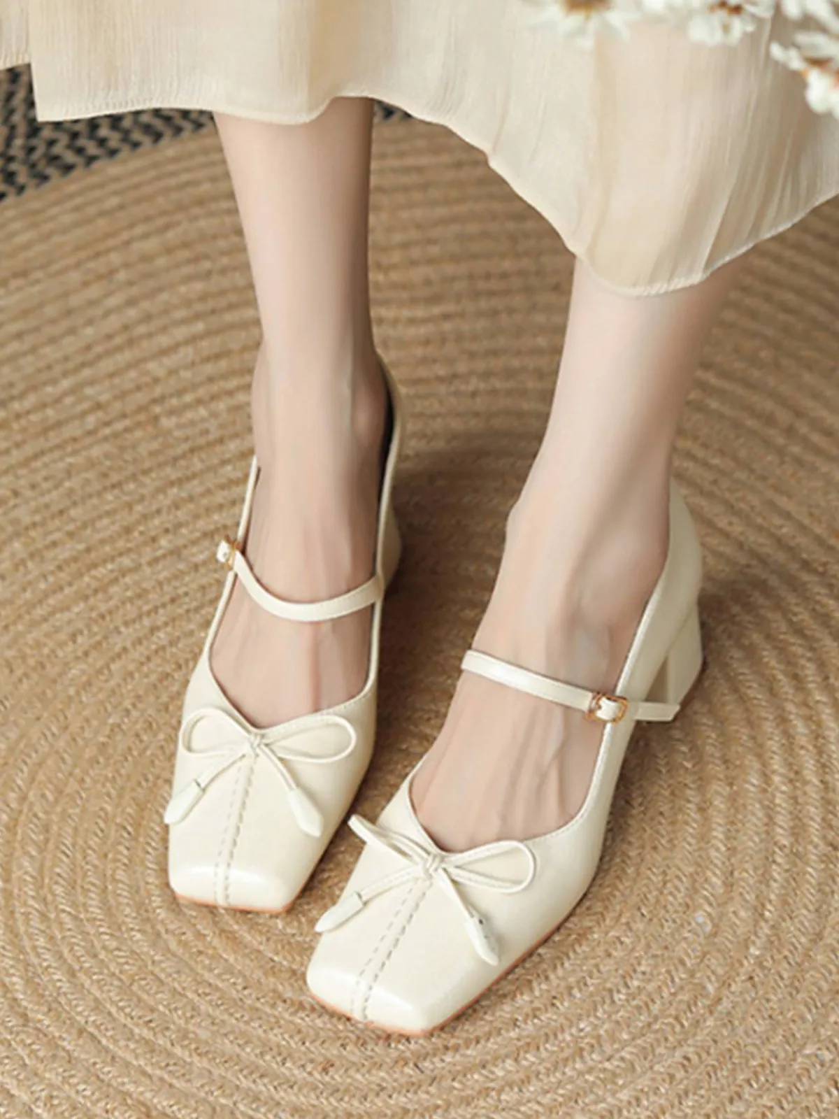Sale Retro Stage Retro Bow Square Toe High Heel Shoes