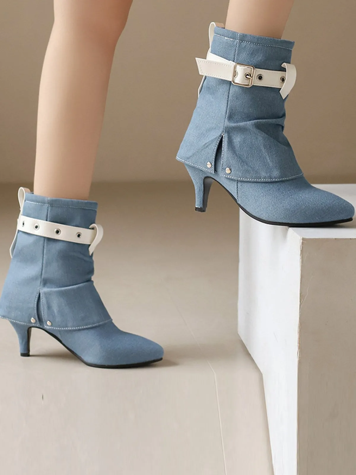 Fashion Retro Stage Retro Contrast Kitten Heel Ankle Boots