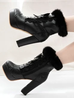 Outlet Retro Stage Retro Furry Bowknot Chunky Heel Snow Boots