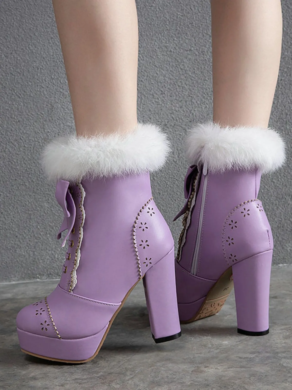 Outlet Retro Stage Retro Furry Bowknot Chunky Heel Snow Boots