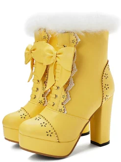 Outlet Retro Stage Retro Furry Bowknot Chunky Heel Snow Boots