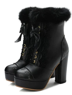 Outlet Retro Stage Retro Furry Bowknot Chunky Heel Snow Boots