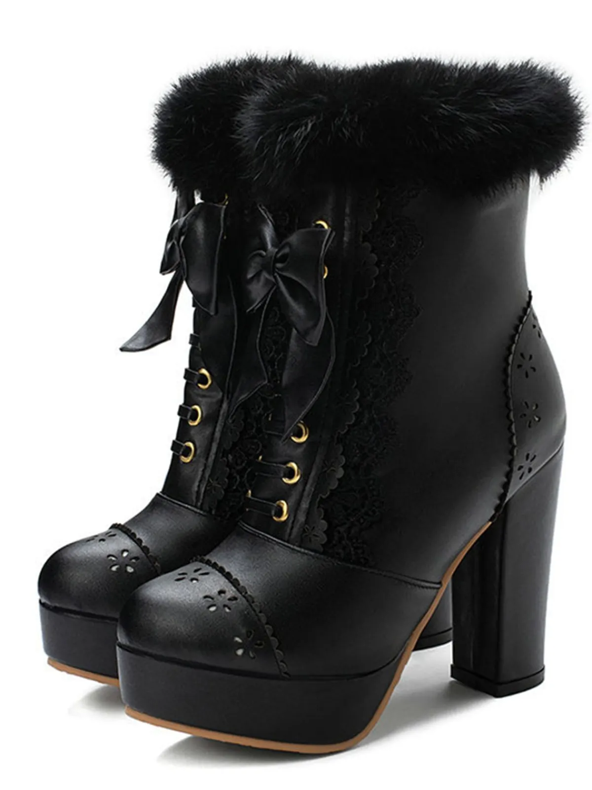 Outlet Retro Stage Retro Furry Bowknot Chunky Heel Snow Boots