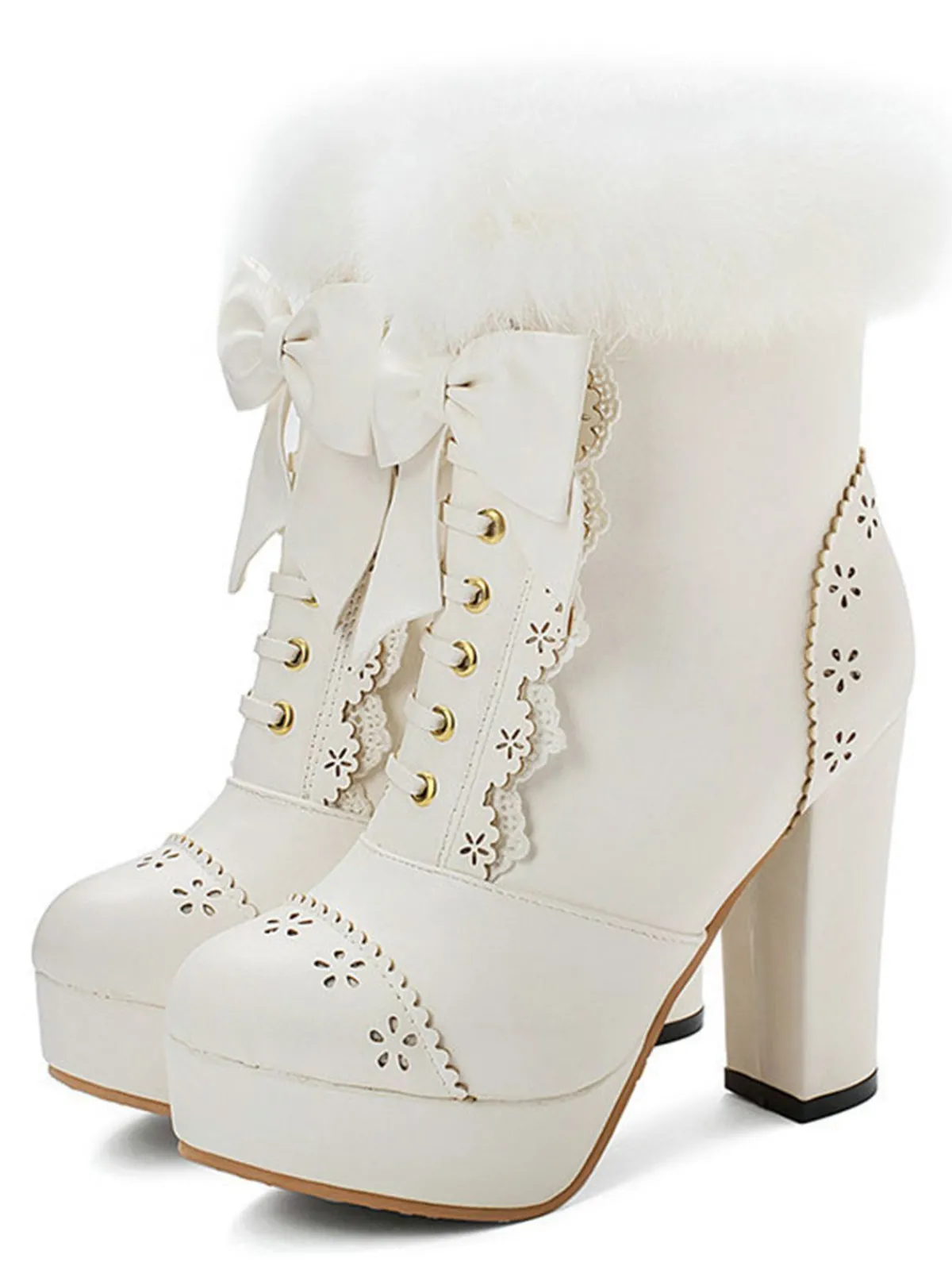 Best Retro Stage Retro Furry Bowknot Chunky Heel Snow Boots