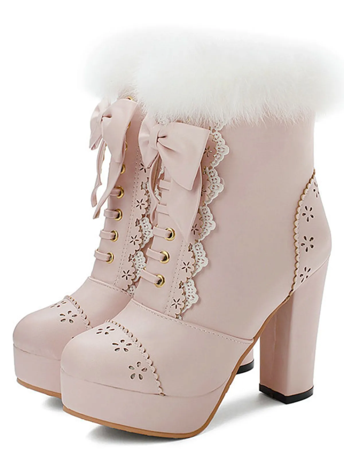Best Retro Stage Retro Furry Bowknot Chunky Heel Snow Boots