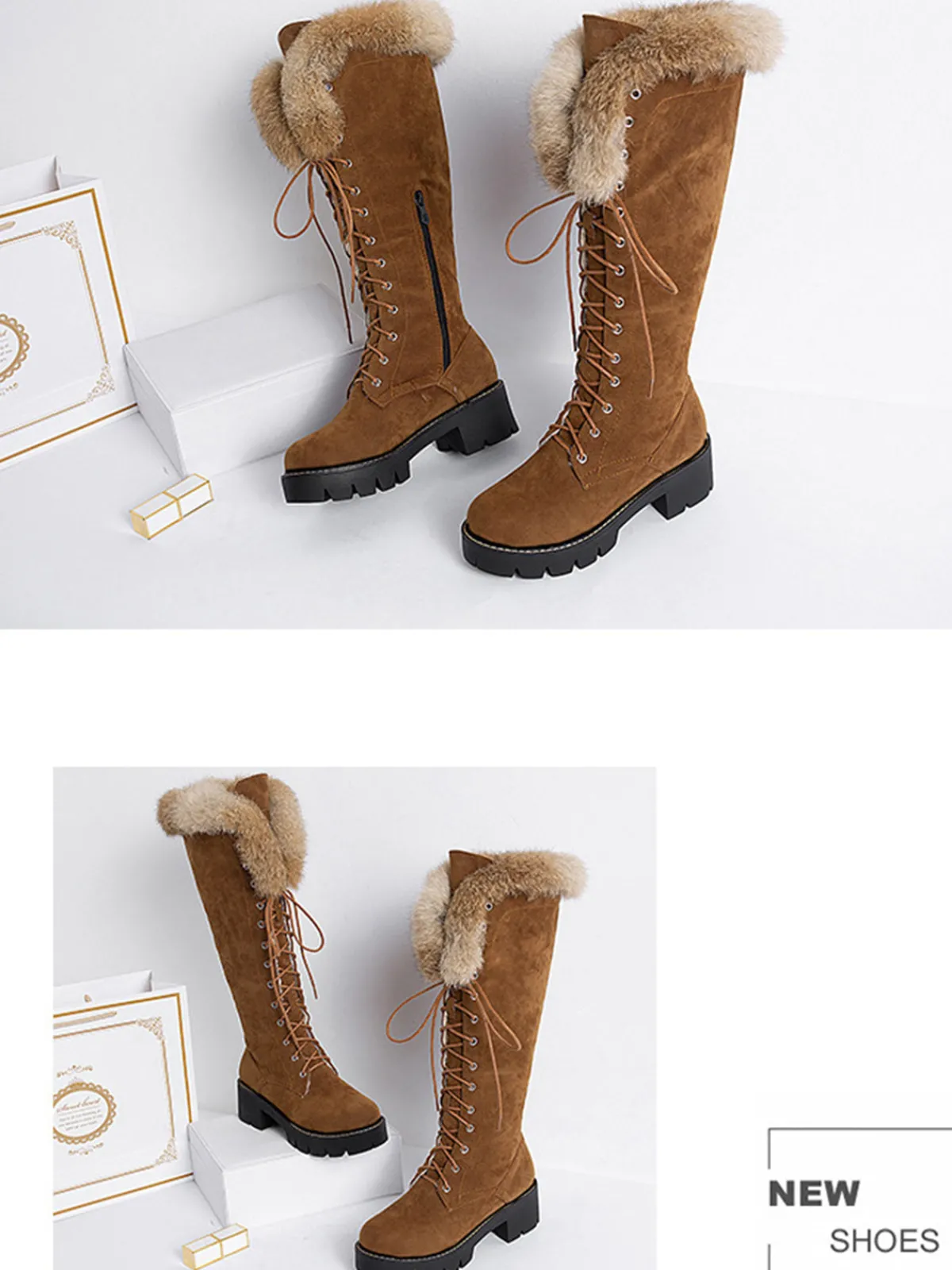 New Retro Stage Retro Furry Chunky Heel Snow Boots