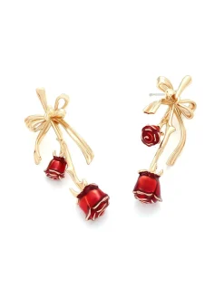 Sale Retro Stage Retro Gold Ribbon 3D Rose Earrings