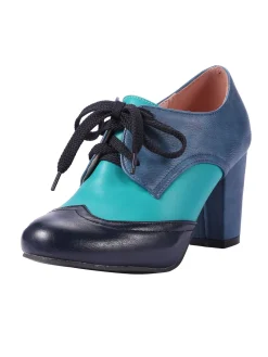 Online Retro Stage Retro High Heels Saddle Shoes Blue