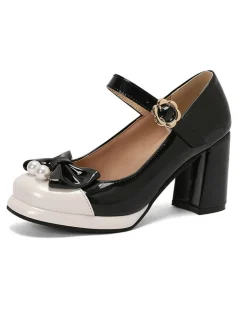 Sale Retro Stage Retro Leather Colorblock Bowknot Chunky Heels