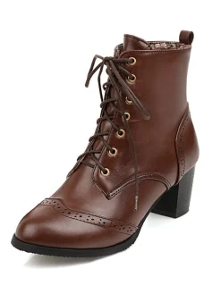 Sale Retro Stage Retro Leather Medium Heel Lace-Up Combat Boots