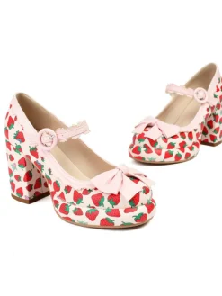 Outlet Retro Stage Retro Leather Strawberry Bow Chunky Heels