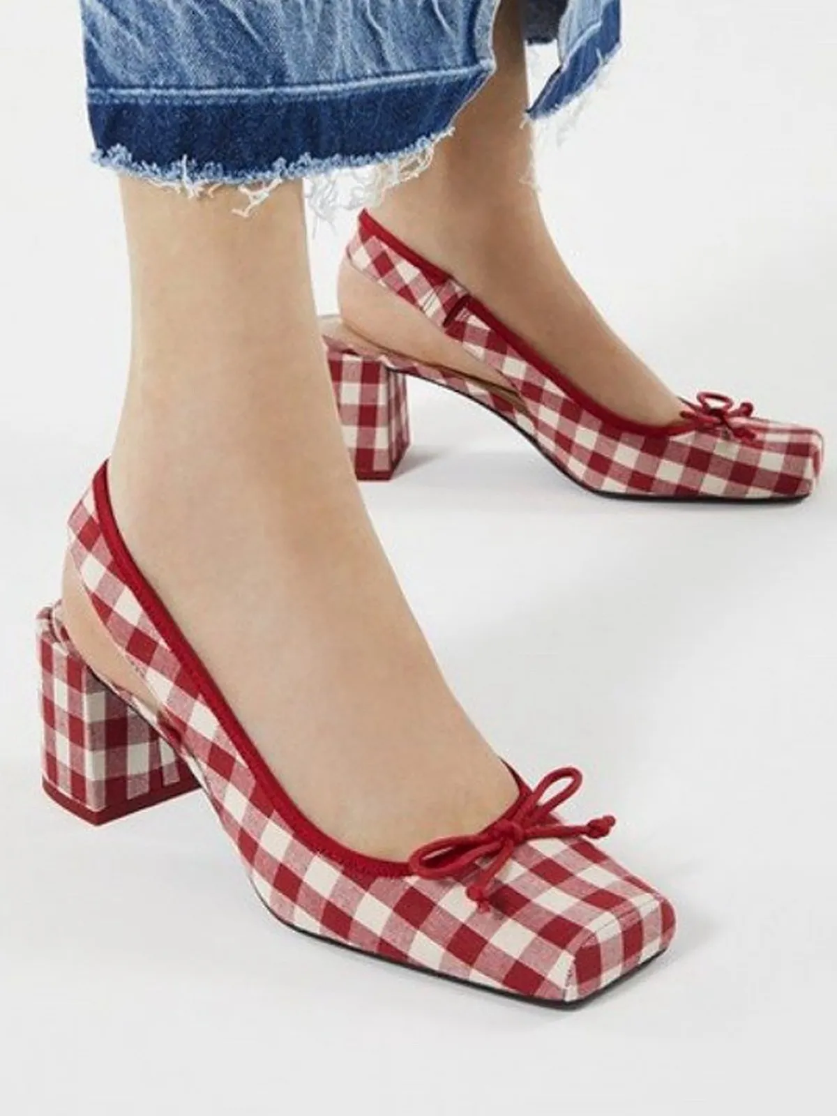 Hot Retro Stage Retro Mary Jane Plaid Chunky Heel Shoes