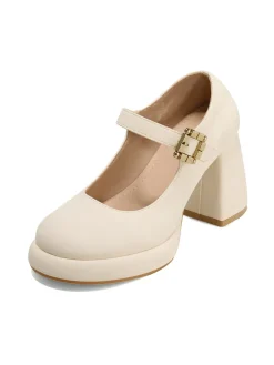 Best Retro Stage Retro Mary Jane Round Toe High Heel Shoes Beige