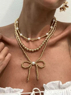 New Retro Stage Retro Pearl Beads Bow Layered Necklace