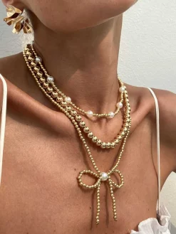 New Retro Stage Retro Pearl Beads Bow Layered Necklace