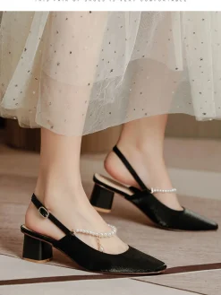 Outlet Retro Stage Retro Pearl Open Heel Black Chunky Heels Shoes