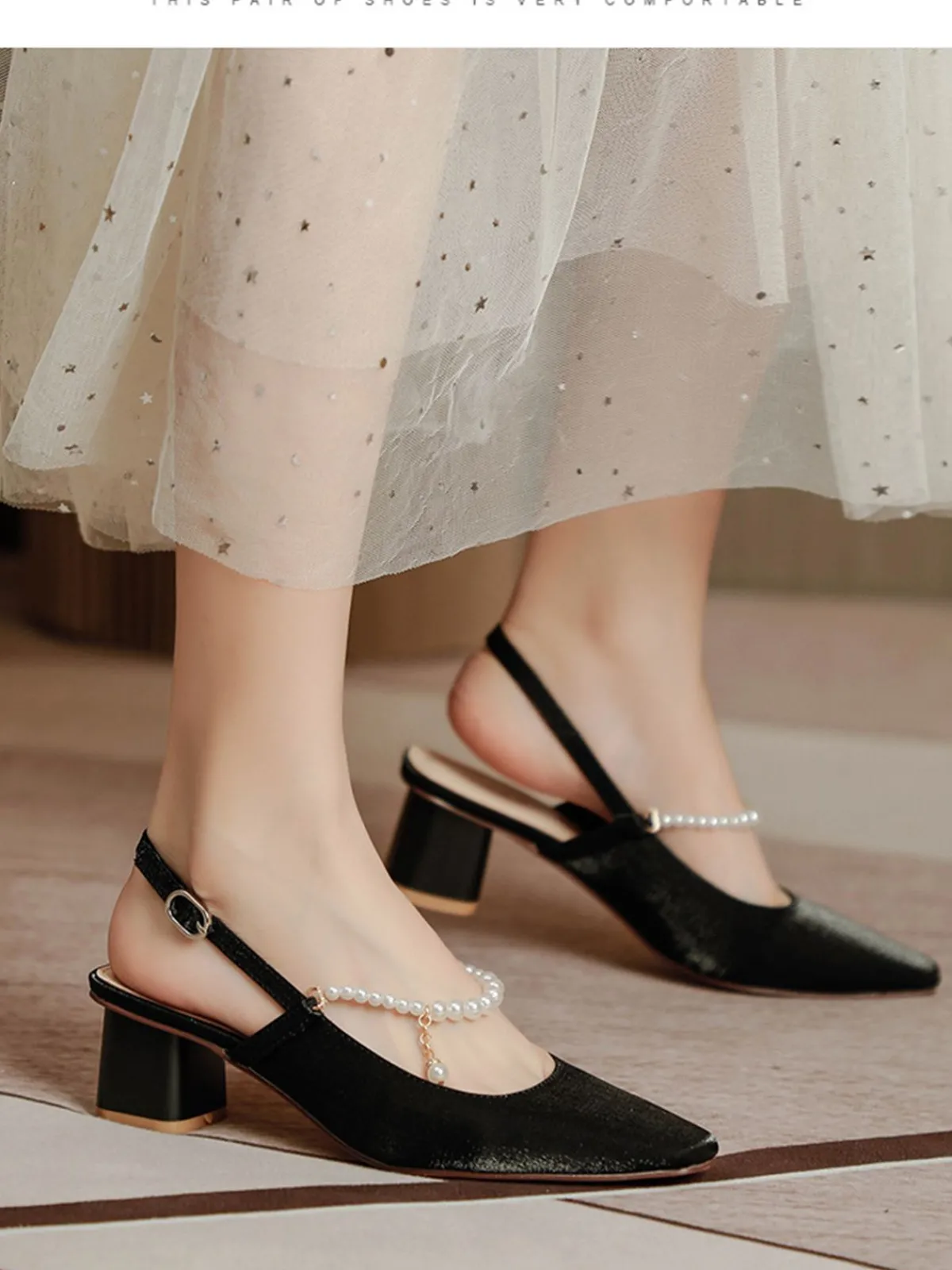 Outlet Retro Stage Retro Pearl Open Heel Black Chunky Heels Shoes