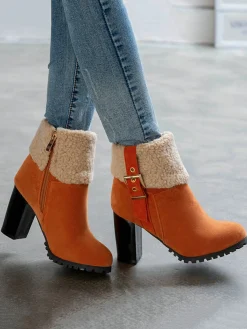 Hot Retro Stage Retro Plus Velvet Chunky Heel Short Boots