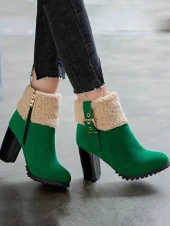 Hot Retro Stage Retro Plus Velvet Chunky Heel Short Boots