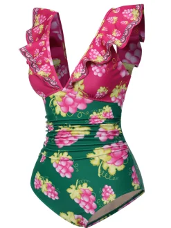 Online Retro Stage Retro 1950s Grape V-Neck Ruffle Sleeves Swimsuit Green