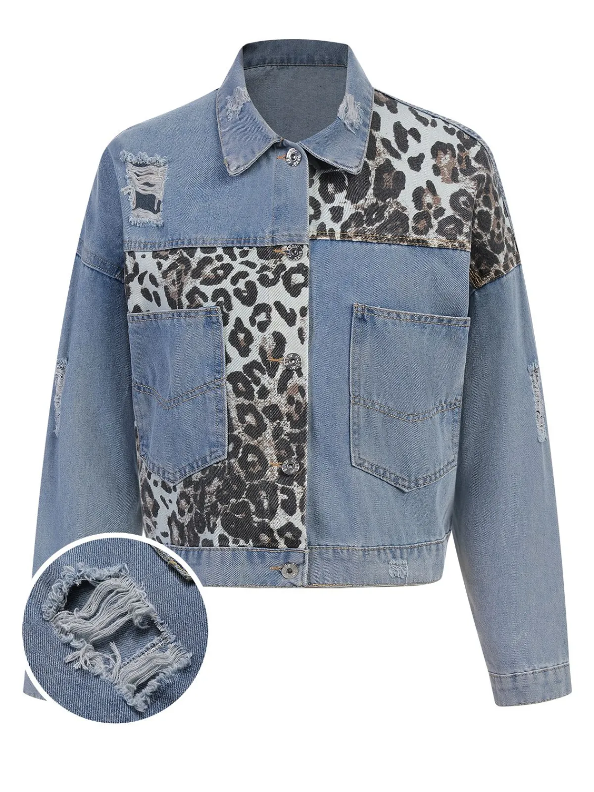 Best Retro Stage Retro 1980s Leopard Patchwork Denim Jacket Blue
