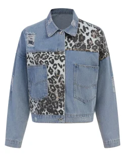 Best Retro Stage Retro 1980s Leopard Patchwork Denim Jacket Blue