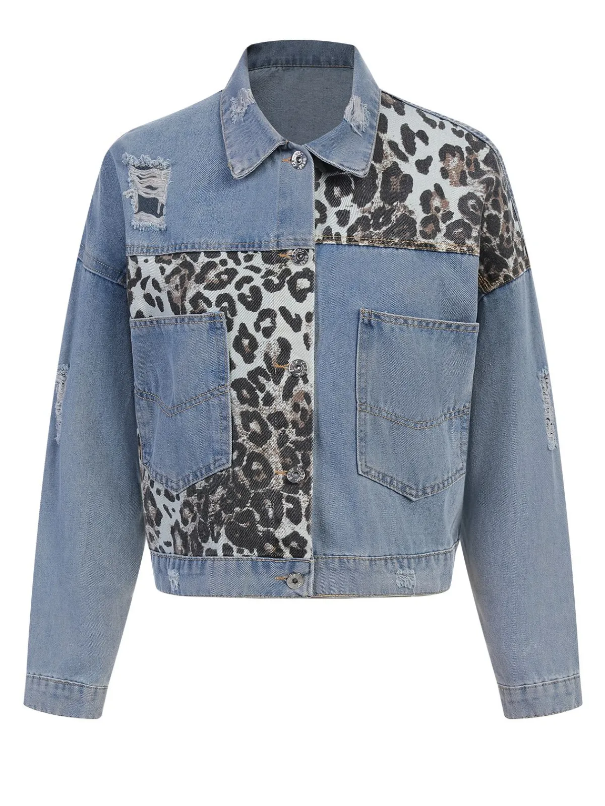 Best Retro Stage Retro 1980s Leopard Patchwork Denim Jacket Blue
