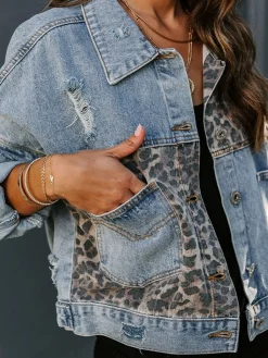 Best Retro Stage Retro 1980s Leopard Patchwork Denim Jacket Blue