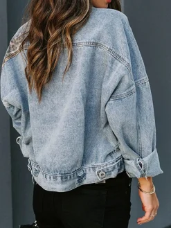 Best Retro Stage Retro 1980s Leopard Patchwork Denim Jacket Blue