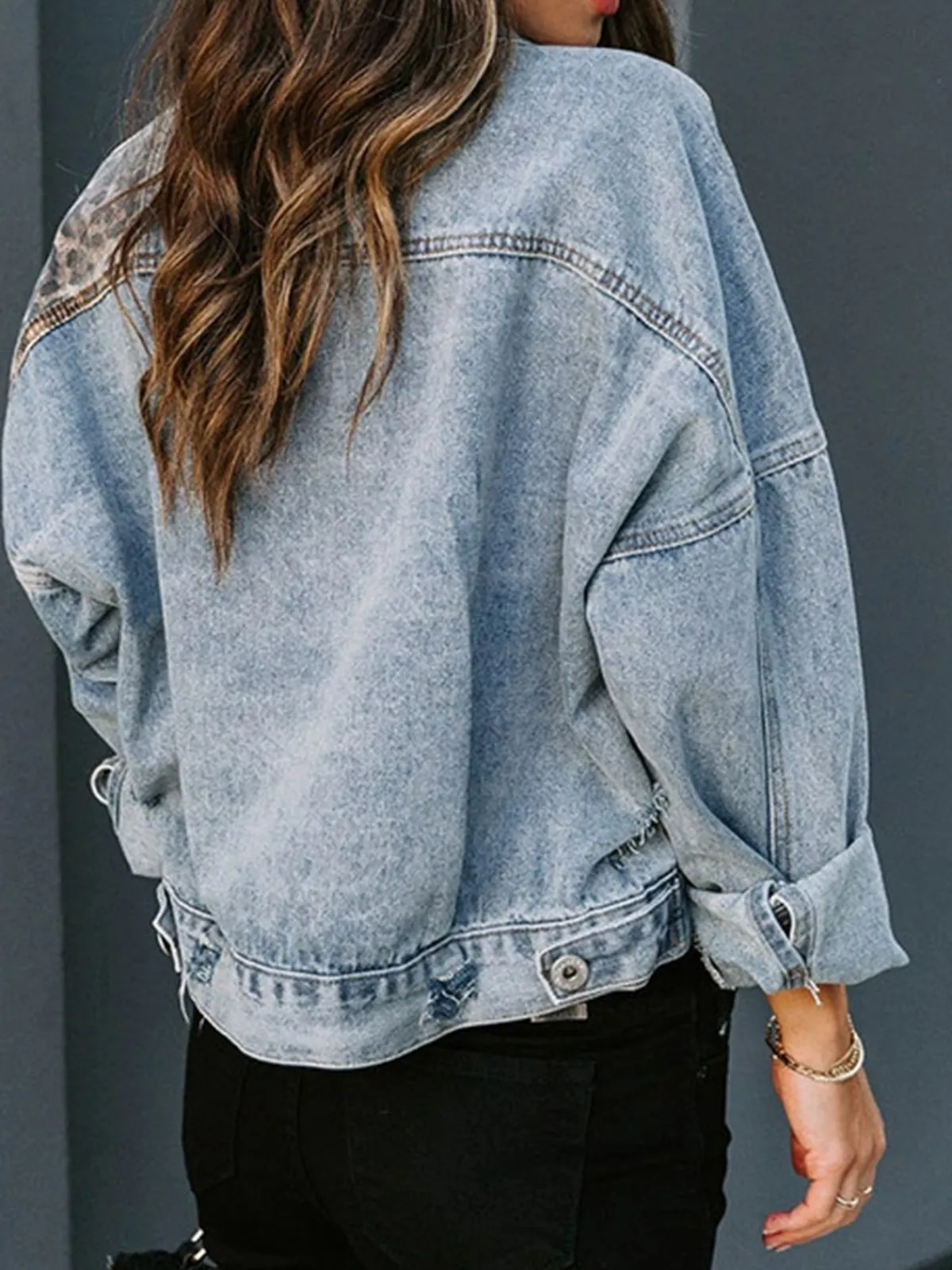 Best Retro Stage Retro 1980s Leopard Patchwork Denim Jacket Blue