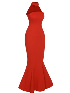 Sale Retro Stage Retro 1930s Solid Halter Mermaid Dress