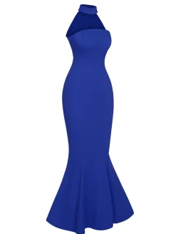 Sale Retro Stage Retro 1930s Solid Halter Mermaid Dress