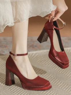 Online Retro Stage Retro Satin Block Heel Mary Jane Shoes