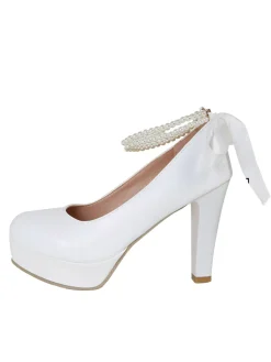 Best Retro Stage Retro Solid Color Pearl Strap Bow High Heels