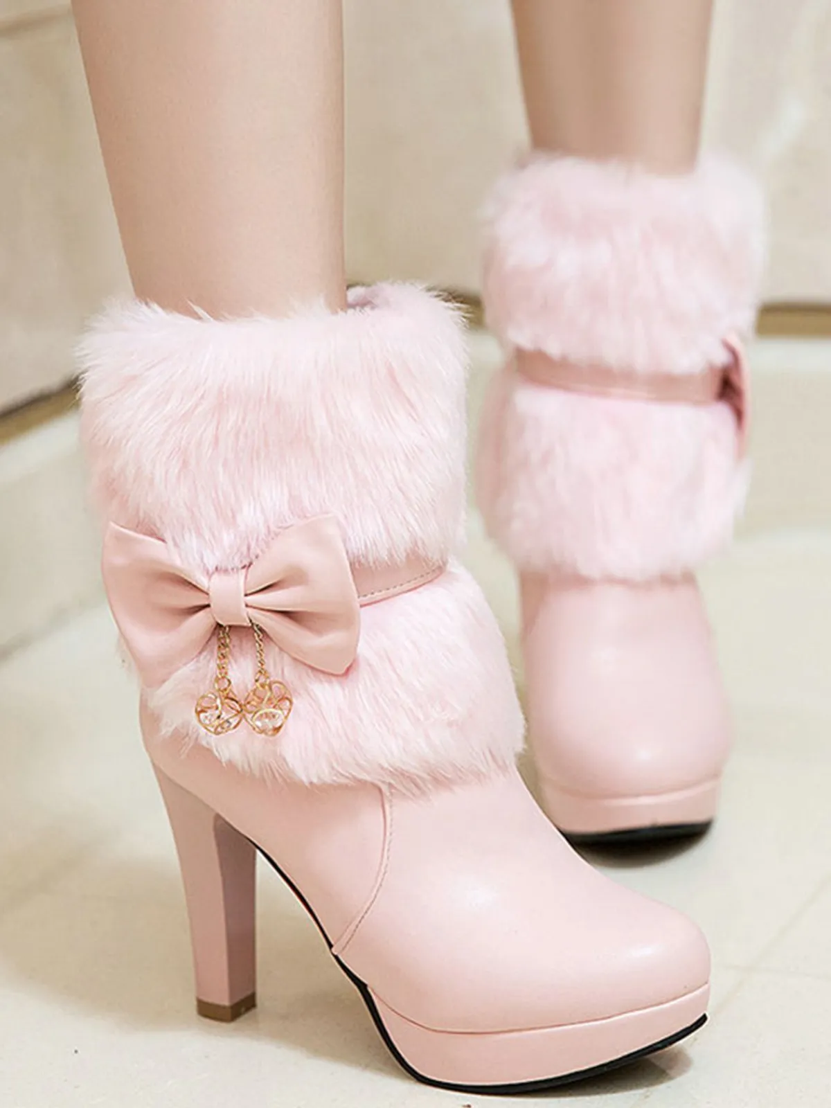 Online Retro Stage Retro Solid Furry Chunky Heel Short Boots
