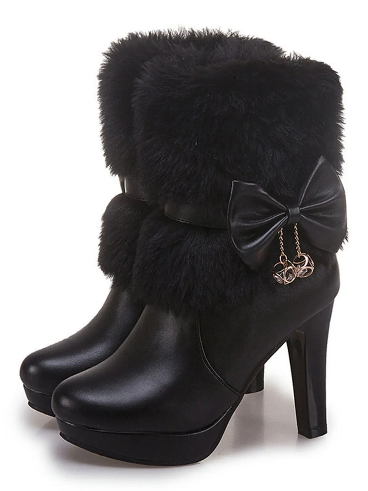 Online Retro Stage Retro Solid Furry Chunky Heel Short Boots