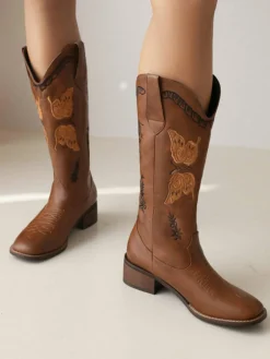 Clearance Retro Stage Retro Solid Leather Long Heel Boots