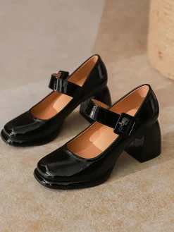 Hot Retro Stage Retro Square-Toe High Heel Leather Shoes