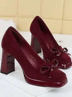 Discount Retro Stage Retro Suede Bowknot Chunky High Heels