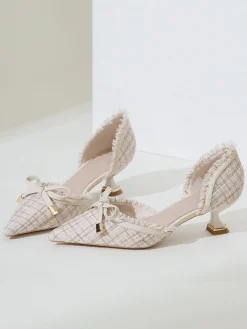 Hot Retro Stage Retro Tweed Bow Kitten Pointed Heels
