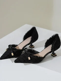 Hot Retro Stage Retro Tweed Bow Kitten Pointed Heels
