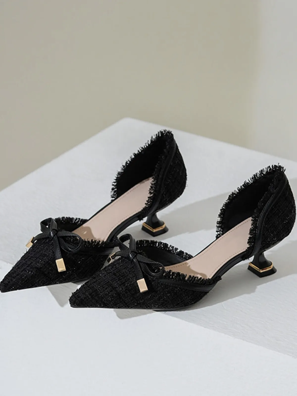 Hot Retro Stage Retro Tweed Bow Kitten Pointed Heels