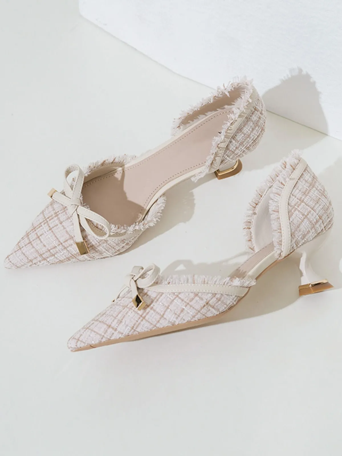 Hot Retro Stage Retro Tweed Bow Kitten Pointed Heels