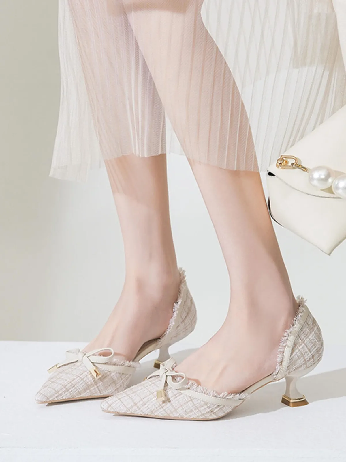 Hot Retro Stage Retro Tweed Bow Kitten Pointed Heels