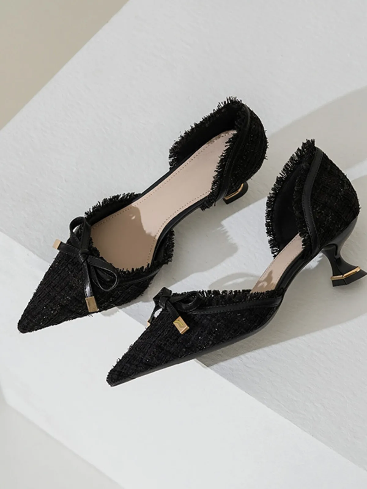 Hot Retro Stage Retro Tweed Bow Kitten Pointed Heels