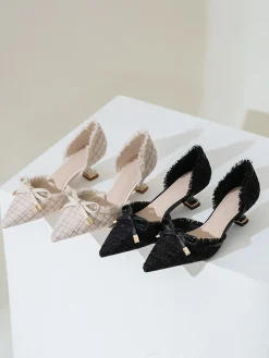 Hot Retro Stage Retro Tweed Bow Kitten Pointed Heels
