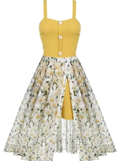 Online Retro Stage Retro Floral Button Swing Cover-up White